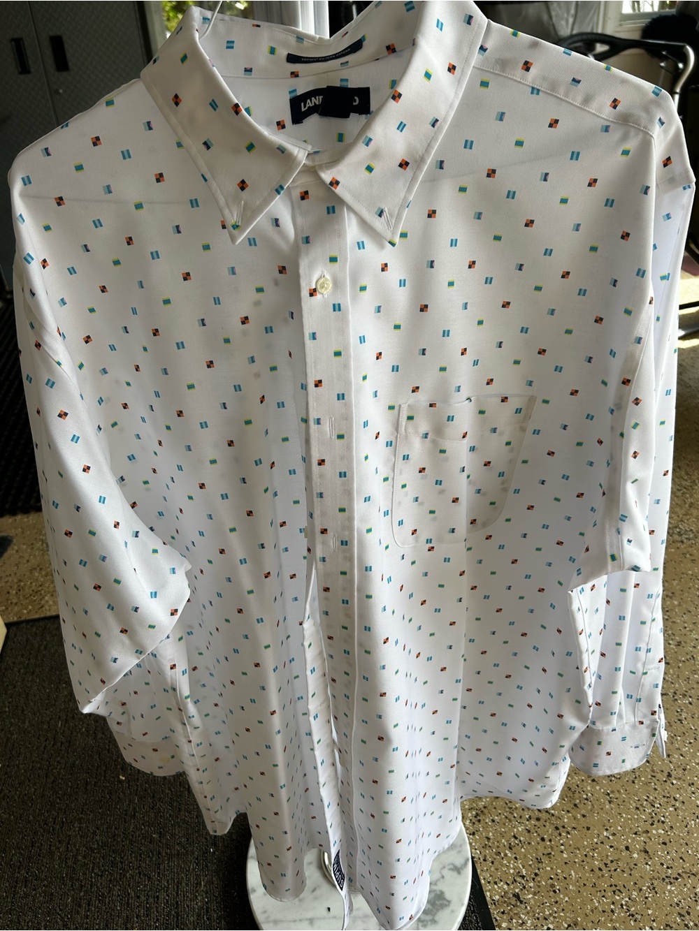 Lands' End White Button-Up Shirt with Blue, Green and Brown Micro Print
